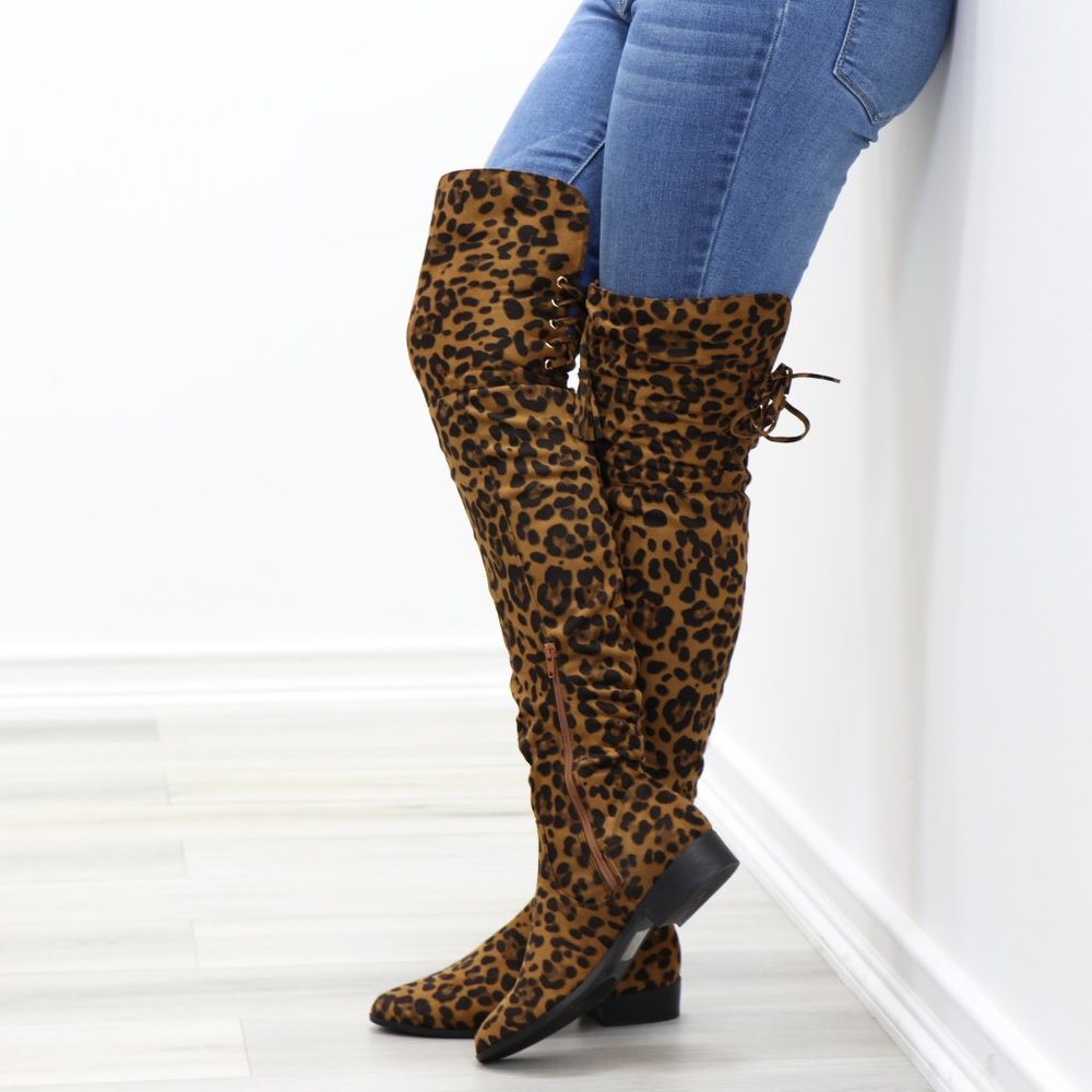 Leopard Suede Thigh High Flat Boot Lace Up Back - Picture 5 of 14